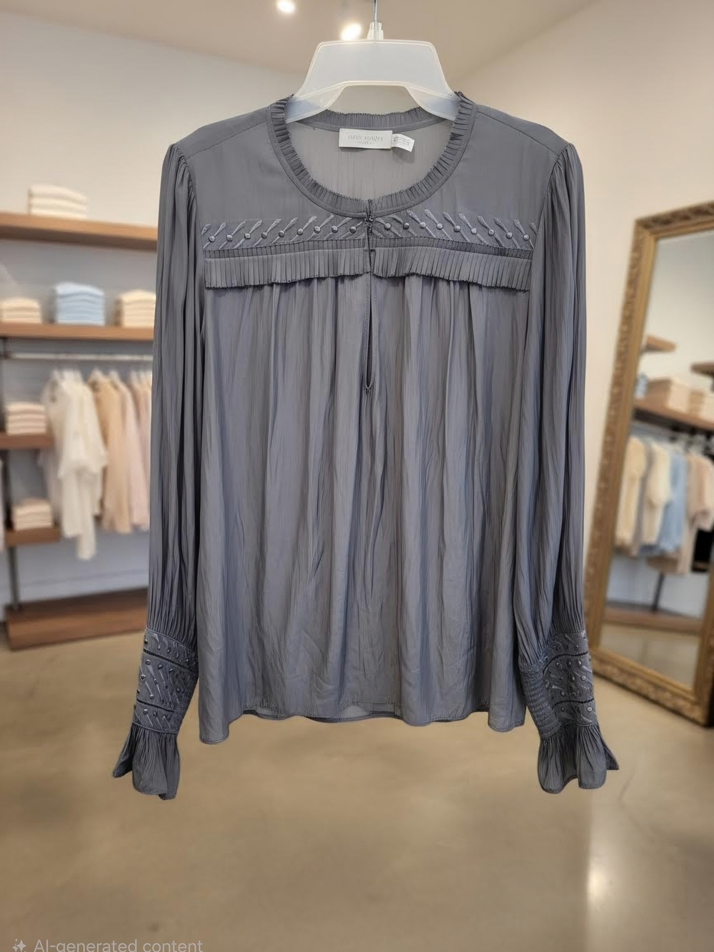 Ramy Brook Slate Gray Pintuck Long-Sleeve Blouse Size  Xl